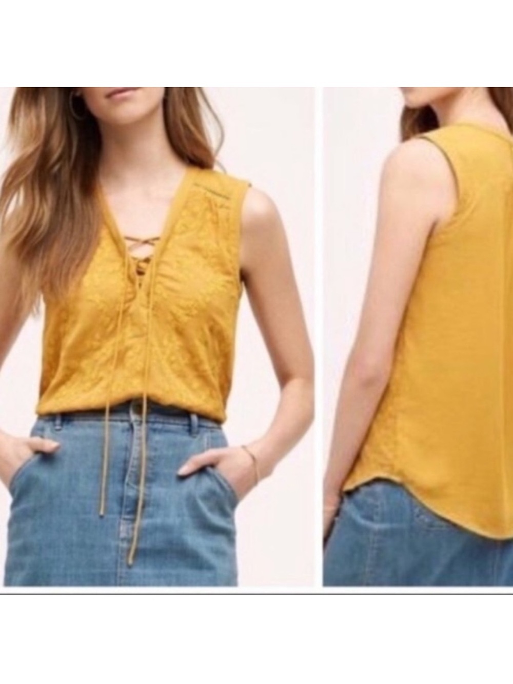 Anthropologie Sleeveless Amber Blouse Size 2 Golden Yellow Tassle Front Boho